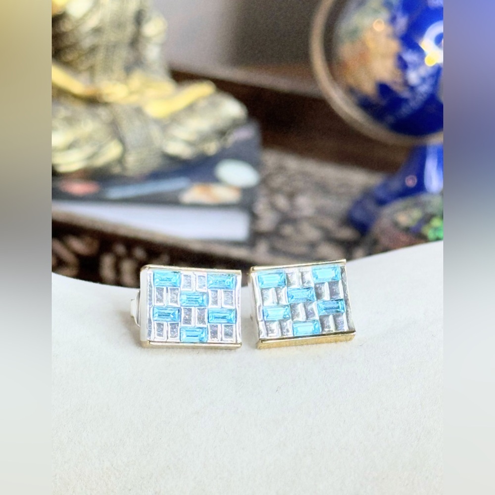 Givenchy Clip On Earrings Blue Crystal Checkerboard Signed Vintage Designer - Picture 4 of 10